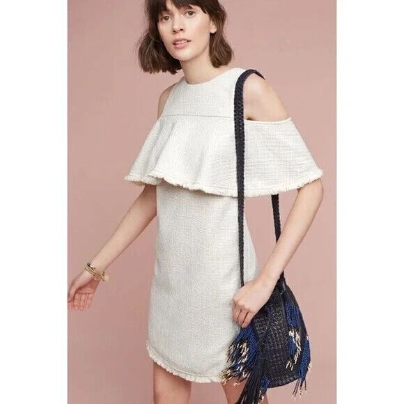 HD IN PARIS TWEEDED OPEN-SHOULDER DRESS COLD SHOULDER DRESS IVORY ANTHROPOLOGIE - Picture 1 of 7